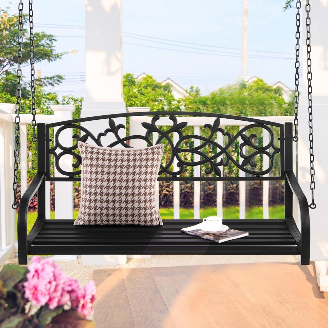 Patio Hanging Porch Swing 2-Person Outdoor Metal Swing Bench Chair W/ Chains